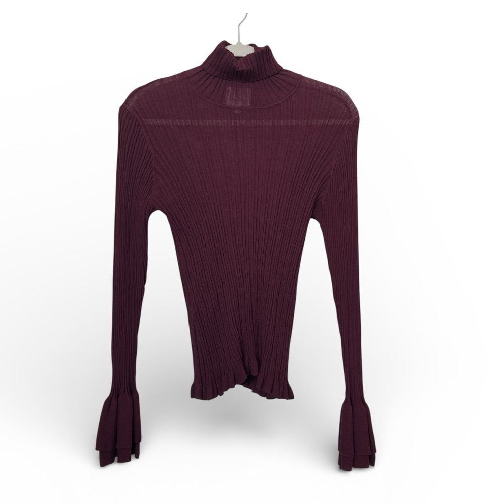 Cinq à Sept Ribbed Mock Turtleneck Top Zabrina Flared Cuff Sleeve Large